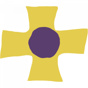 An imperfect yellow cross graphic with a purple circle in the center.