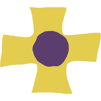 An imperfect yellow cross graphic with a purple circle in the center.