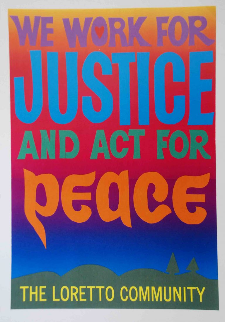 Colorful Strobridge banner reading "We Work for Justice and Act for Peace."
