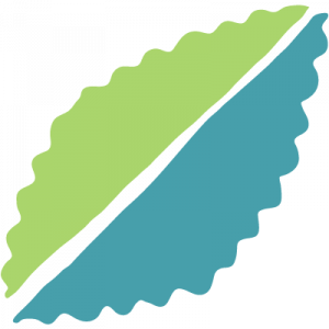 A split blue and green leaf graphic.