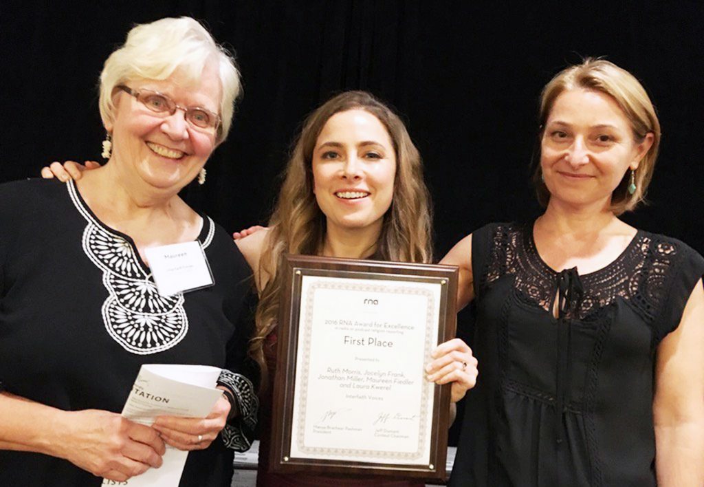 From left, Maureen Fiedler, Laura Kwerel and Ruth Morris celebrate their first-place award from Religion News Association. (Photo courtesy of Maureen Fiedler)
