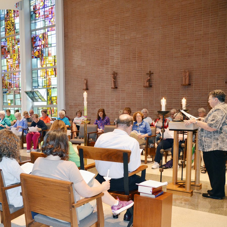 A church service with several attendees.