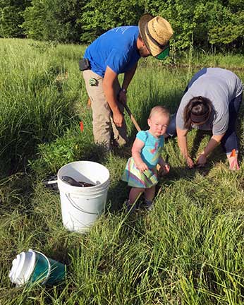 Fourteen-month-old Elizabeth Rakes works on the pollinator habitat along with her parents, Cody and Angela Rakes.