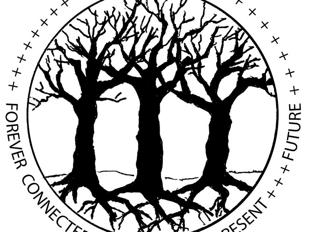 Black and white Loretto Link logo. Three large trees intertwined at the roots and branches.