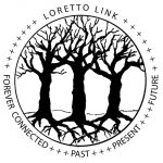 Black and white Loretto Link logo. Three large trees intertwined at the roots and branches. Around the logo is circular text: Loretto Link Forever Connected Past Present Future