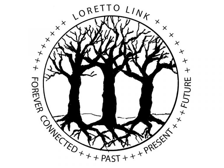 Black and white Loretto Link logo. Three large trees intertwined at the roots and branches. Around the logo is circular text: Loretto Link Forever Connected Past Present Future