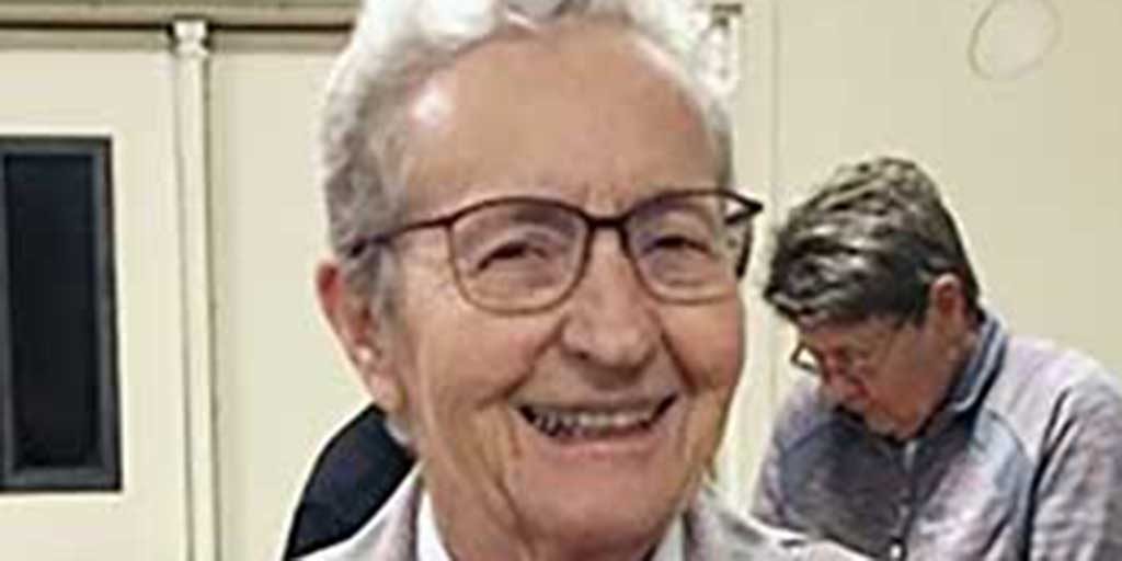 A woman, Donna Doyle, with short grey hair pulled back and dark-framed glasses wearing a plaid grey suit with a bright red bowtie. She is smiling for a picture at an indoor social event.