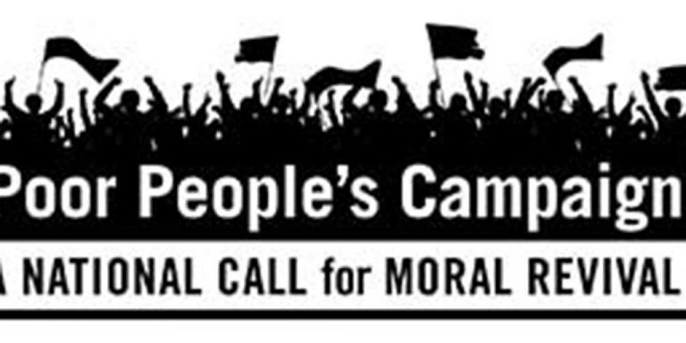 Black and white logo of the Poor People's Campaign: A National Call for Moral Revival. The logo is a black silhouette of a group of protestors.