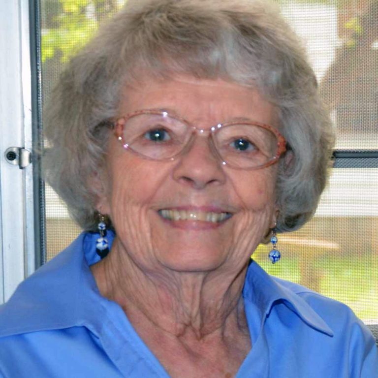 A woman with short grey hair and glasses wearing a bright blue collared blouse and blue bead dangly earrings smiling brightly for a headshot picture next to a window indoors displaying the sunny day.