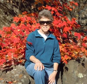 Woman sits on a rock outcropping with a beautiful spread of red leaves behind her.