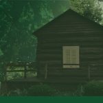 Rustic cabin with a porch is seen through a greenish lens.