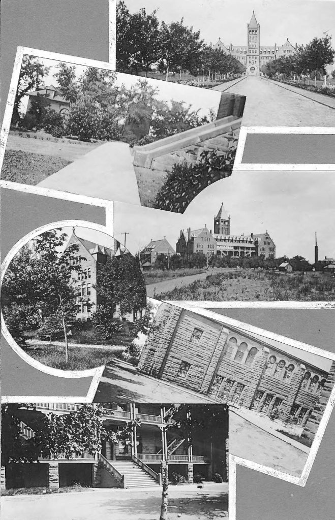 Collage of archival photos of the Loretto Heights College buildings and campus