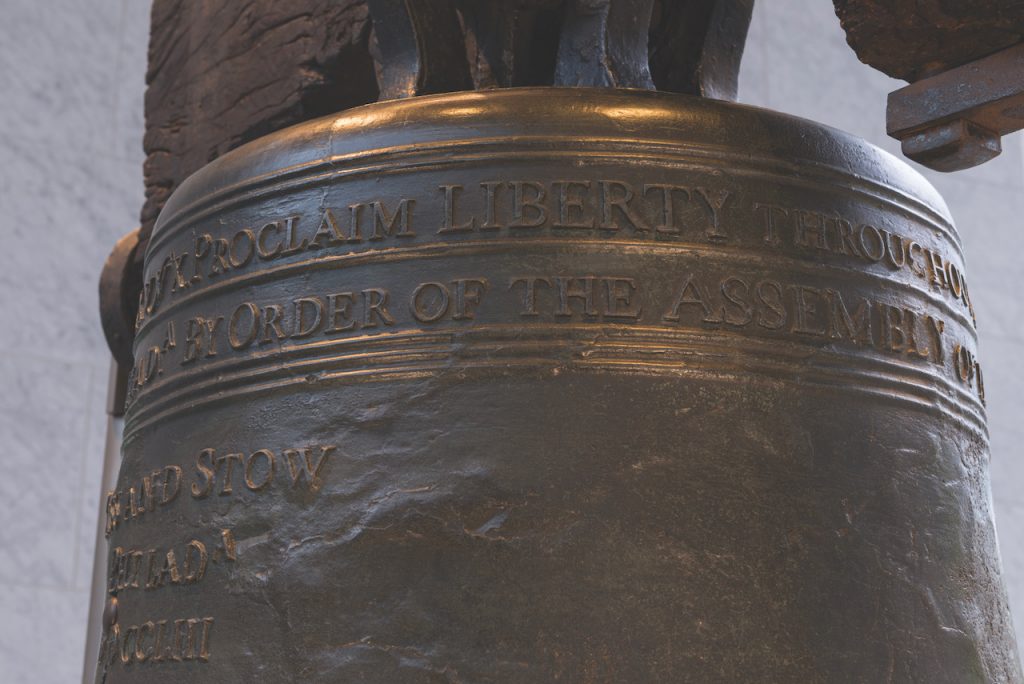 Close up view of the writing at the top of the Liberty Bell.