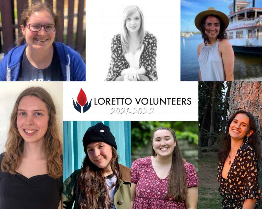 Collage made up of headshots of seven young women. Central text reads "Loretto Volunteers 2021-2022"
