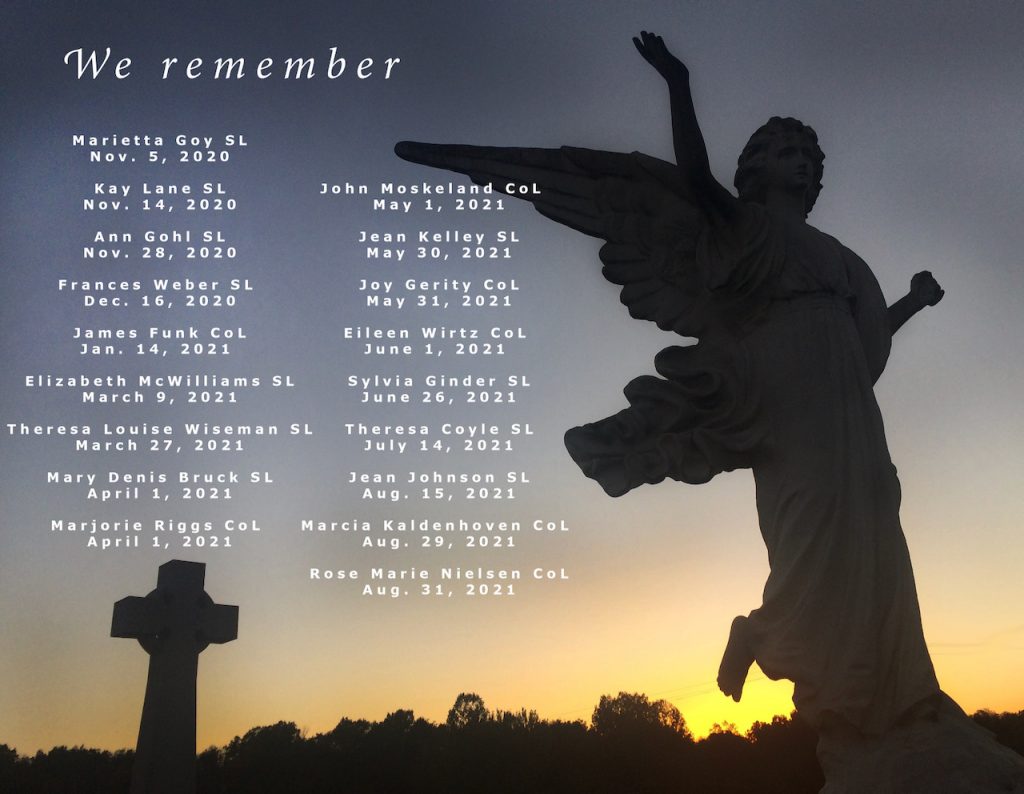 An angel and a cross are profiled in front of the setting sun with the text "We remember" at top. Under that text is a list of names and date of death of 18 Loretto Community members.