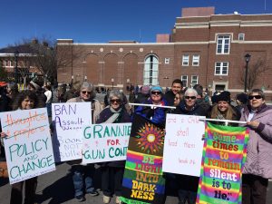 People stand in a crowd holding colorful signs in favor of gun safety regulations