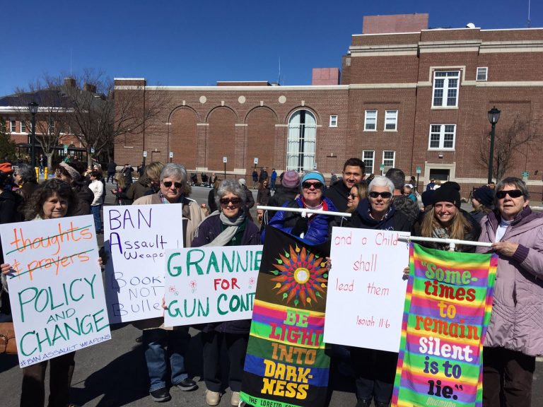 People stand in a crowd holding colorful signs in favor of gun safety regulations