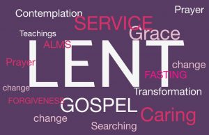 Word cloud of words relating to Lent, including change, service, grace, gospel, transform, fasting, alms, and others.