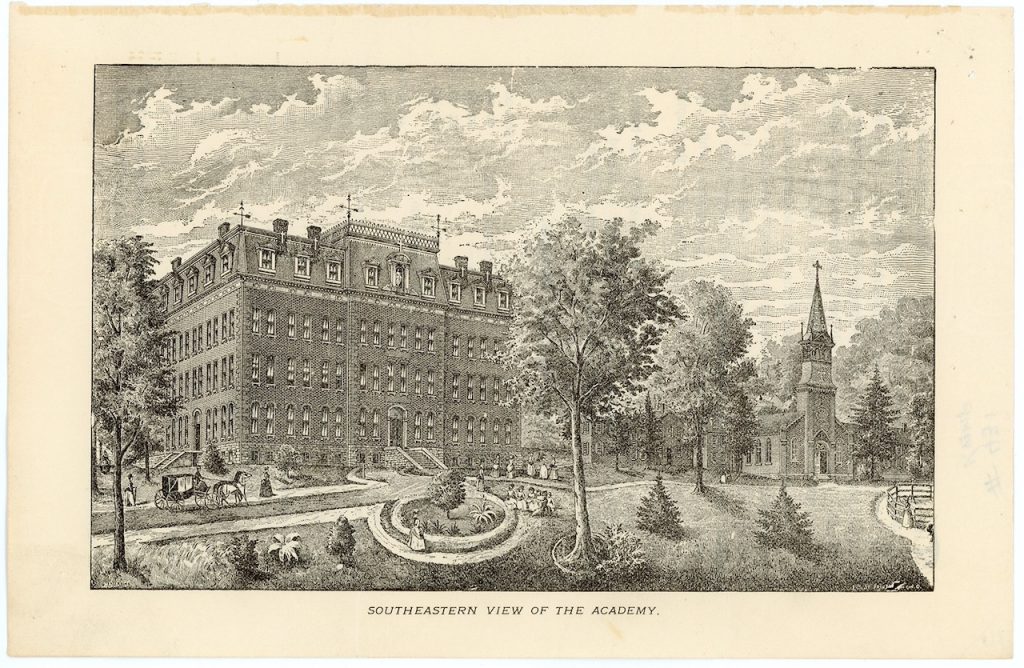 Black and white drawing of a large school building on the grounds next to a church.