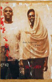 Portrait of a Black man and woman overlaid with red paint spatter and the text "don't forget me benna."