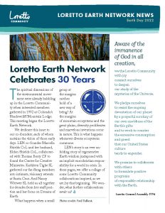 Front page of the Loretto Earth Network News for Earth Day 2022 - includes a header in dark blue, a close-up photos of grasses with water in the background, and text.