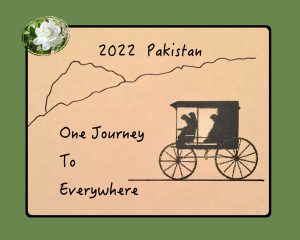 Pencil drawing of a covered buggy with three passengers in it, with the text "2022 Pakistan. One Journey To Everywhere."