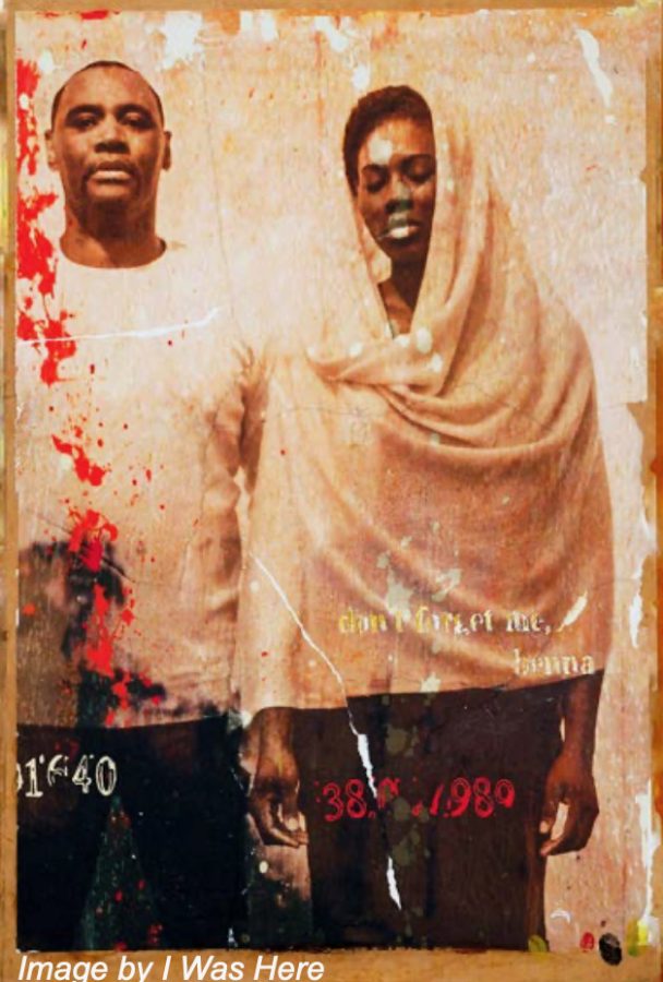 A Black man, looking directly at the camera, stands shoulder to shoulder with a Black woman, whose eyes are closed. The photo has been made to look old, with the words "don't forget me, benna" overlaid in small text on the woman.