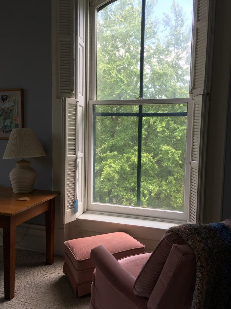 An easy chair and ottoman face a window displaying a leafy view.