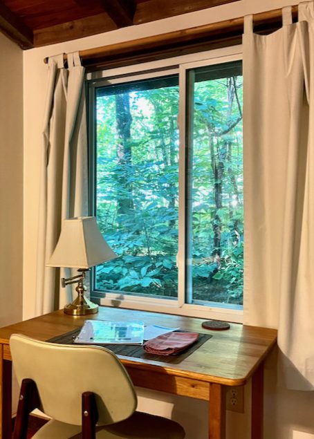 A desk is pictured facing a window. The forest can be seen through the window.