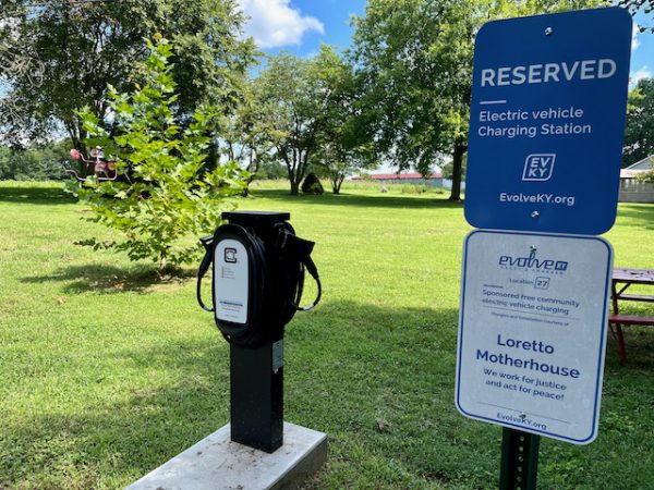 A charging station for electic vehicles at the Loretto Motherhouse.