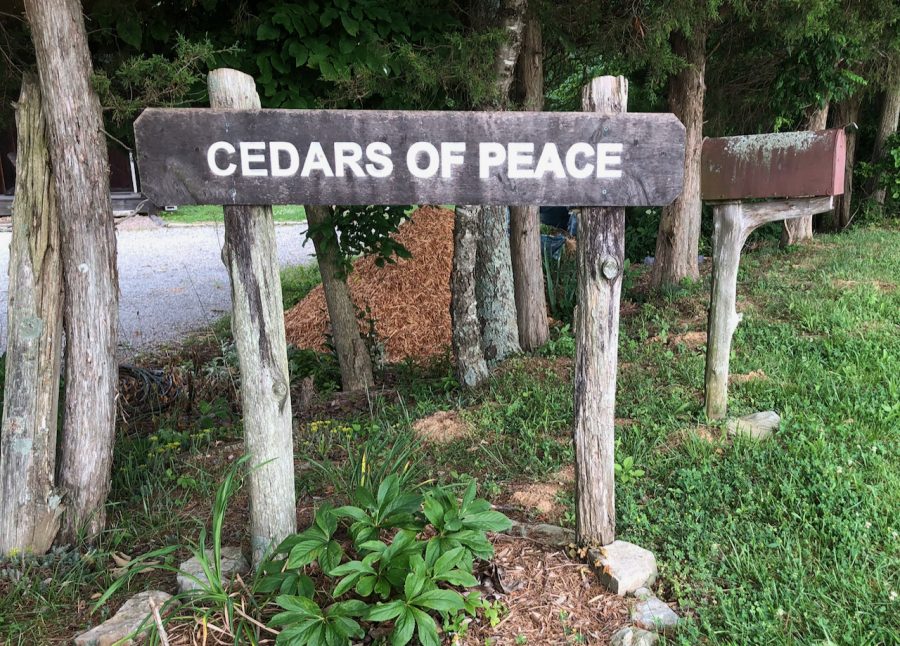 A wooden road sign reads "Cedars of Peace"