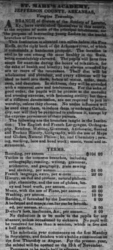 Newspaper clipping from 1838 detailing what is expected of students for St. Mary's Academy in Kansas.