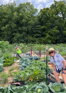 A woman in a sunhat, sun glasses and shorts leans in with a smile over a burgeoning garden.