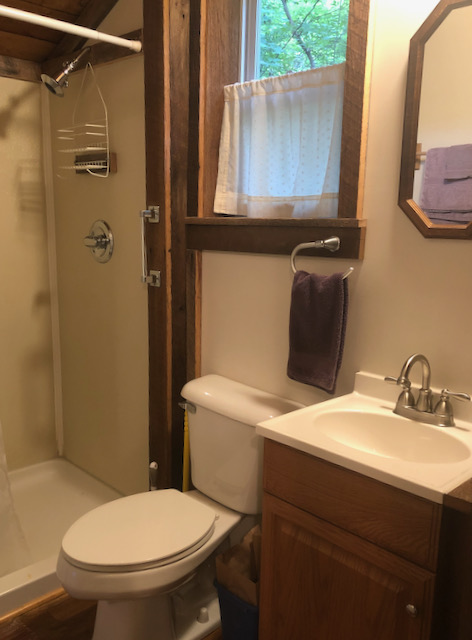 A sink with mirror, toilet and shower make up the bathrooom in the Grace cabin.