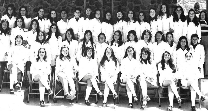 Black and white class photo. Three rows of young women in school uniforms pose together.