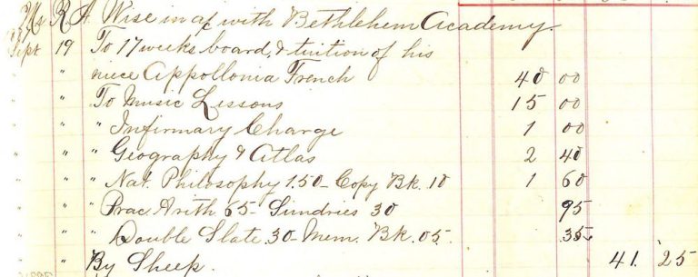 Photo of 1887 ledger listing cost of tuition and books, and a payment of $41.25 - "By Sheep"