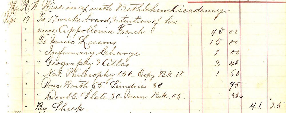 Photo of 1887 ledger listing cost of tuition and books, and a payment of $41.25 - "By Sheep"