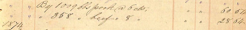 Ledger line from St. Joseph's School (Cairo, IL) 1874, showing a student account credited with $60.54 in pork and $28.04 in beef.