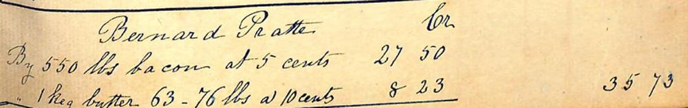 Ledger entries from Our Lady of Mt. Carmel School (St. Genevieve, MO) 1846, showing that bacon and butter were used to pay the account.