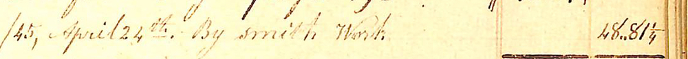 Ledger line from Loretto Academy, (Nerinx, KY) 1845, itemizing $48.81 paid through smith work.