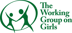 Working Group on Girls logo - green circle almost surrounding a child stick figure holding the hand of an adult stick figure