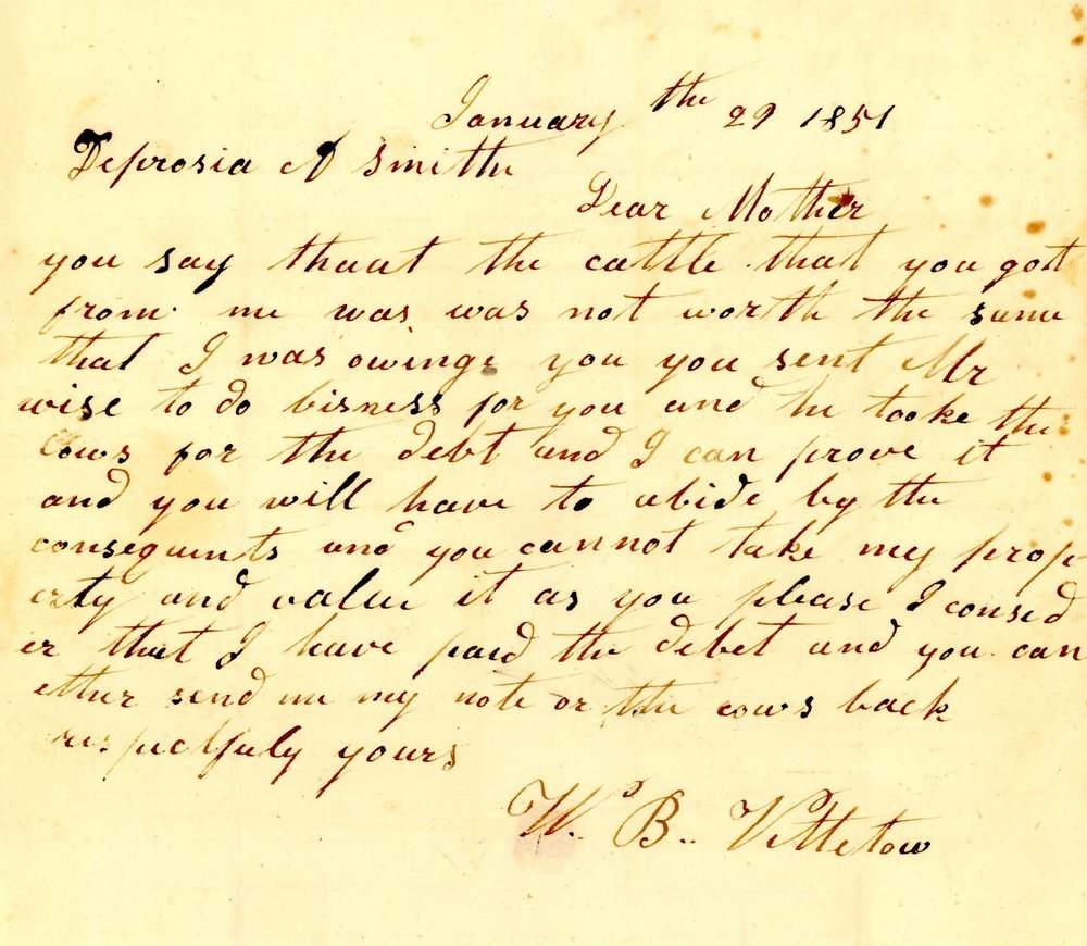 Archival letter from 1854 regarding payment of school fees with cattle.