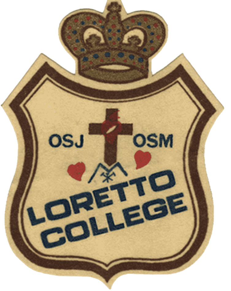 Insignia patch for Loretto College: Badge with crown above. The badge reads "OSJ OSM" with a cross between the acronyms. Below is written "Loretto College"