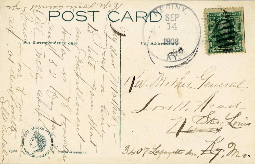 Postcard from Sept 14, 1908 from Sister Eulalia to the Reverand Mother General