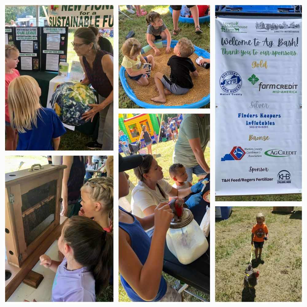 Photo collage showing people partaking of different Ag Bash activities (Earth education, sandbox play, a peek into a beehive, churning butter, a child walking a chicken, Ag Bash banner