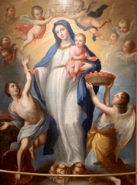 Painting of the Virgin Mary holding the infant Jesus with one hand, and with the other, holding up a person by the arm. Angels surround them.