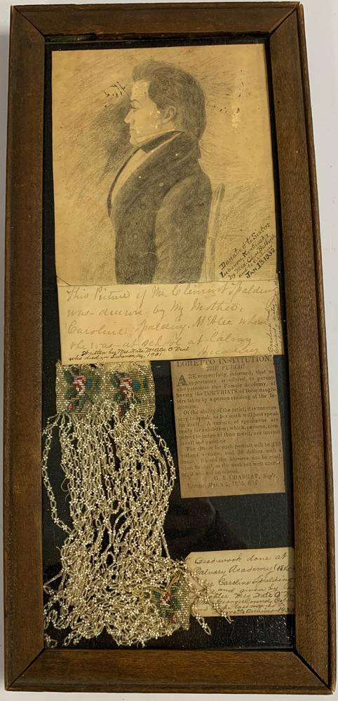 Framed collage of a charcoal sketch of a young man and a beadwork sample, both with captions and tags.