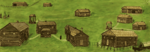 A hand-drawn landscape of green grass and numerous small brown log buildings, a small well, horse carriage and walking path.