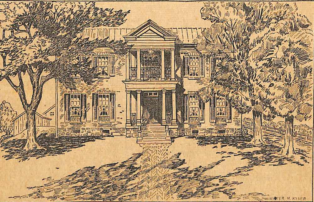 Pencil sketch of a large house with columns by the door, surrounded by trees.