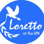 A blue circle with white text: Loretto at the UN, Logo with a white dove graphic.